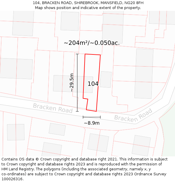 104, BRACKEN ROAD, SHIREBROOK, MANSFIELD, NG20 8FH: Plot and title map