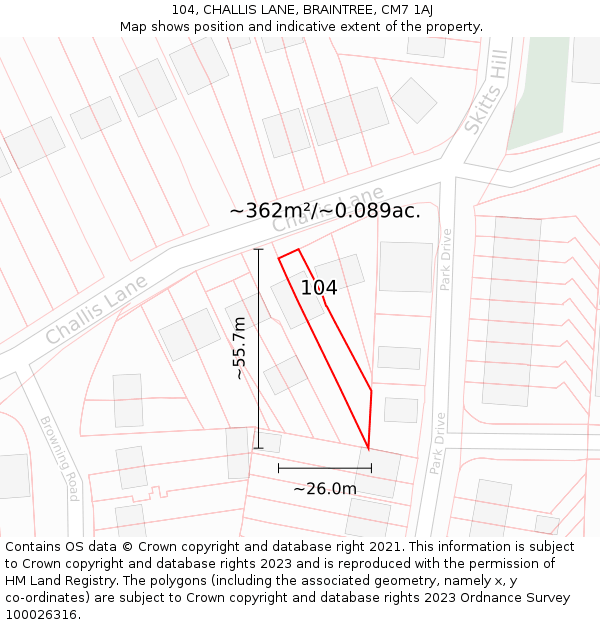 104, CHALLIS LANE, BRAINTREE, CM7 1AJ: Plot and title map