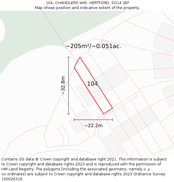 104, CHANDLERS WAY, HERTFORD, SG14 2EF: Plot and title map