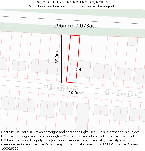 104, CHARLBURY ROAD, NOTTINGHAM, NG8 1NH: Plot and title map