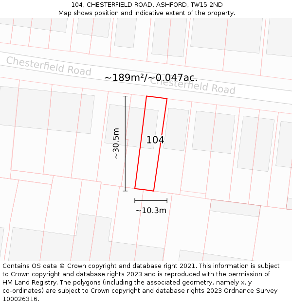 104, CHESTERFIELD ROAD, ASHFORD, TW15 2ND: Plot and title map