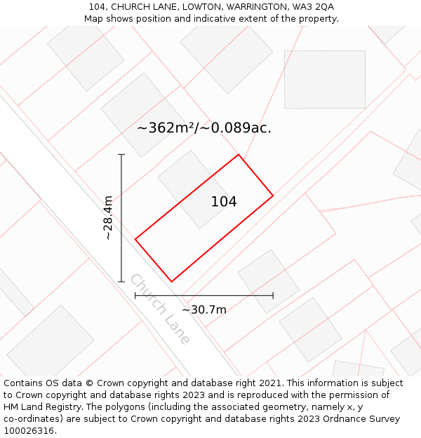 104, CHURCH LANE, LOWTON, WARRINGTON, WA3 2QA: Plot and title map