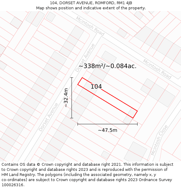 104, DORSET AVENUE, ROMFORD, RM1 4JB: Plot and title map