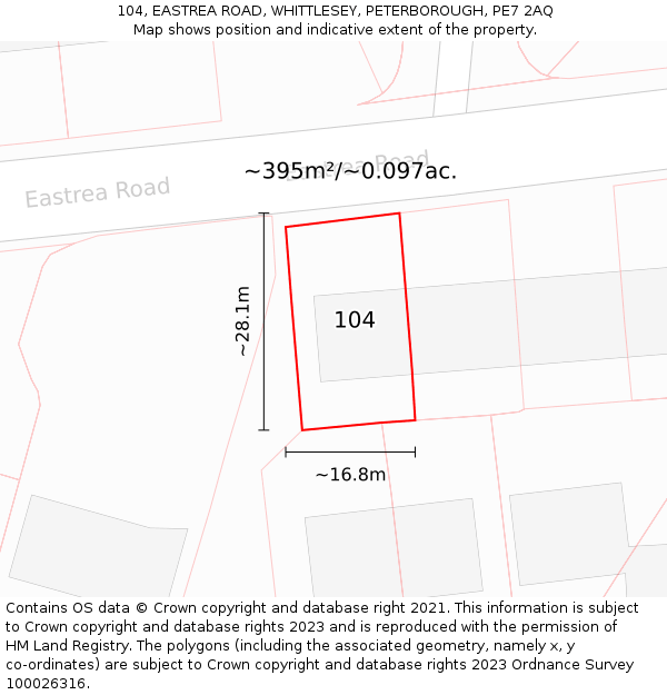 104, EASTREA ROAD, WHITTLESEY, PETERBOROUGH, PE7 2AQ: Plot and title map