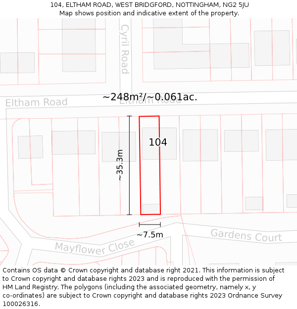 104, ELTHAM ROAD, WEST BRIDGFORD, NOTTINGHAM, NG2 5JU: Plot and title map