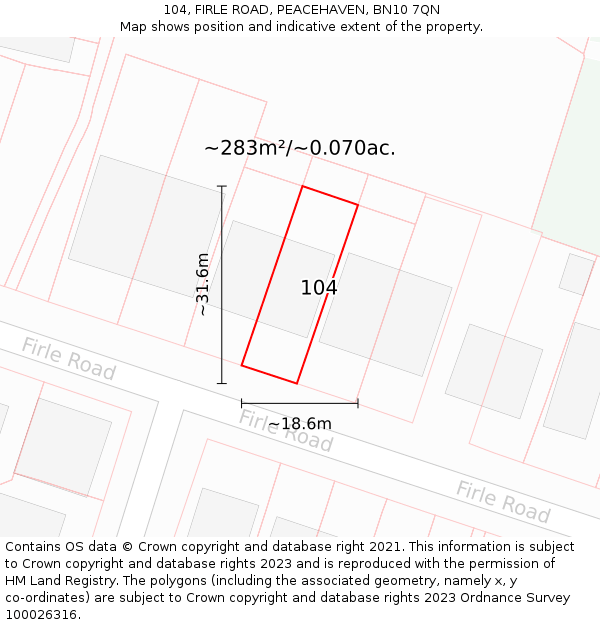 104, FIRLE ROAD, PEACEHAVEN, BN10 7QN: Plot and title map