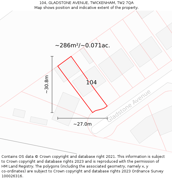 104, GLADSTONE AVENUE, TWICKENHAM, TW2 7QA: Plot and title map