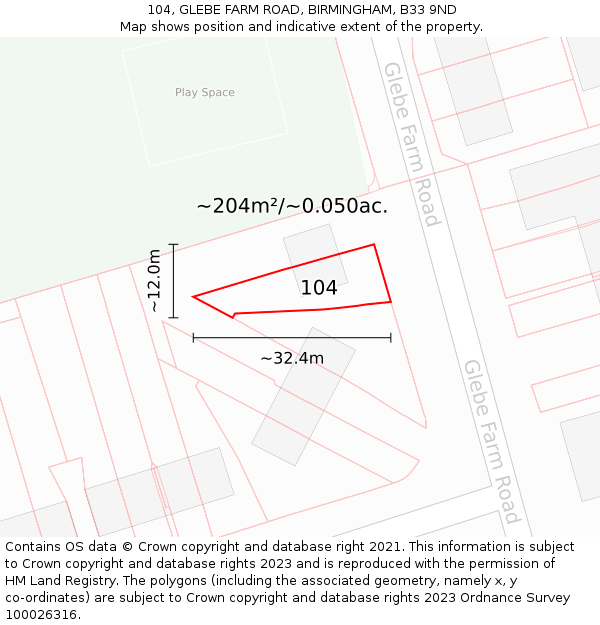 104, GLEBE FARM ROAD, BIRMINGHAM, B33 9ND: Plot and title map