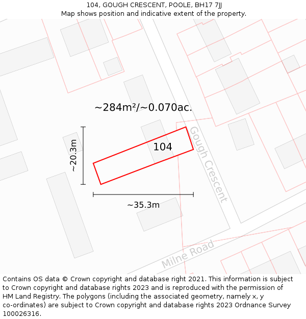 104, GOUGH CRESCENT, POOLE, BH17 7JJ: Plot and title map