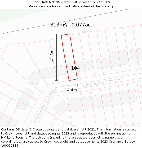104, HARTINGTON CRESCENT, COVENTRY, CV5 6FS: Plot and title map