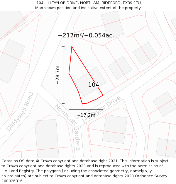 104, J H TAYLOR DRIVE, NORTHAM, BIDEFORD, EX39 1TU: Plot and title map