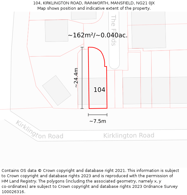 104, KIRKLINGTON ROAD, RAINWORTH, MANSFIELD, NG21 0JX: Plot and title map