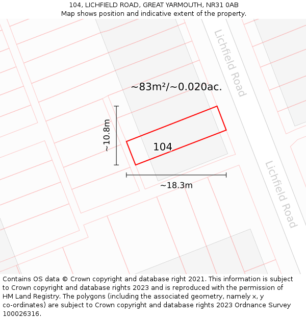 104, LICHFIELD ROAD, GREAT YARMOUTH, NR31 0AB: Plot and title map