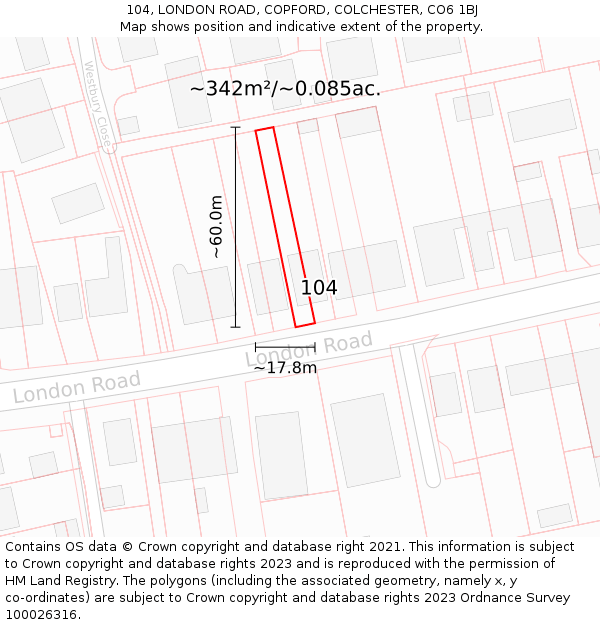 104, LONDON ROAD, COPFORD, COLCHESTER, CO6 1BJ: Plot and title map