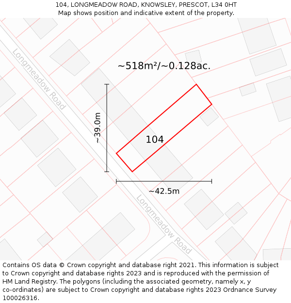 104, LONGMEADOW ROAD, KNOWSLEY, PRESCOT, L34 0HT: Plot and title map