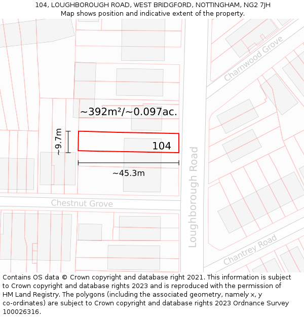 104, LOUGHBOROUGH ROAD, WEST BRIDGFORD, NOTTINGHAM, NG2 7JH: Plot and title map