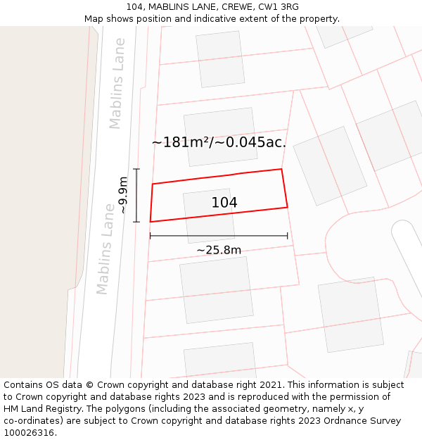 104, MABLINS LANE, CREWE, CW1 3RG: Plot and title map