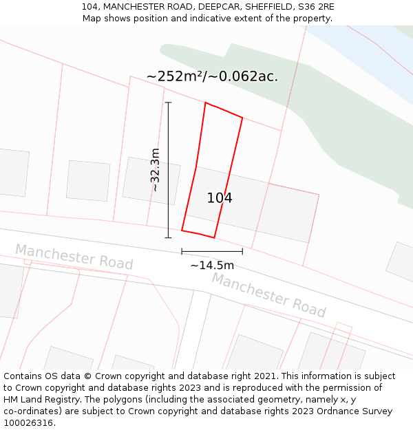 104, MANCHESTER ROAD, DEEPCAR, SHEFFIELD, S36 2RE: Plot and title map