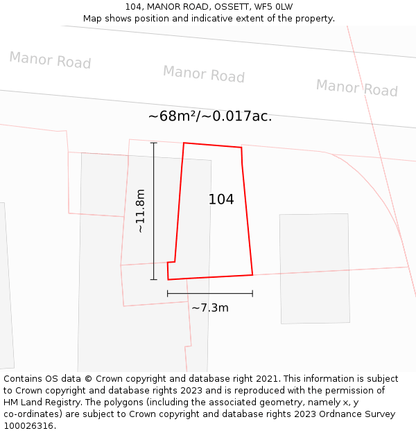 104, MANOR ROAD, OSSETT, WF5 0LW: Plot and title map