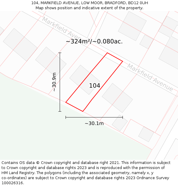 104, MARKFIELD AVENUE, LOW MOOR, BRADFORD, BD12 0UH: Plot and title map