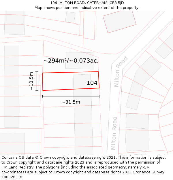 104, MILTON ROAD, CATERHAM, CR3 5JD: Plot and title map