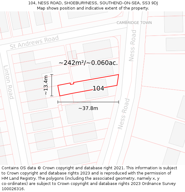 104, NESS ROAD, SHOEBURYNESS, SOUTHEND-ON-SEA, SS3 9DJ: Plot and title map