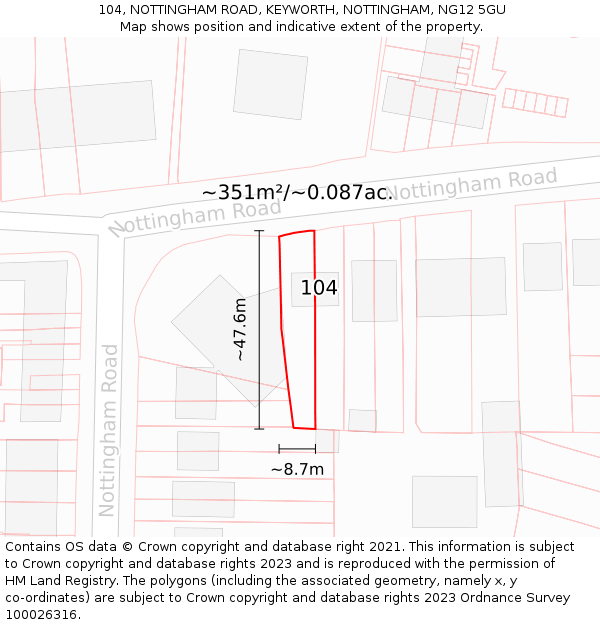 104, NOTTINGHAM ROAD, KEYWORTH, NOTTINGHAM, NG12 5GU: Plot and title map
