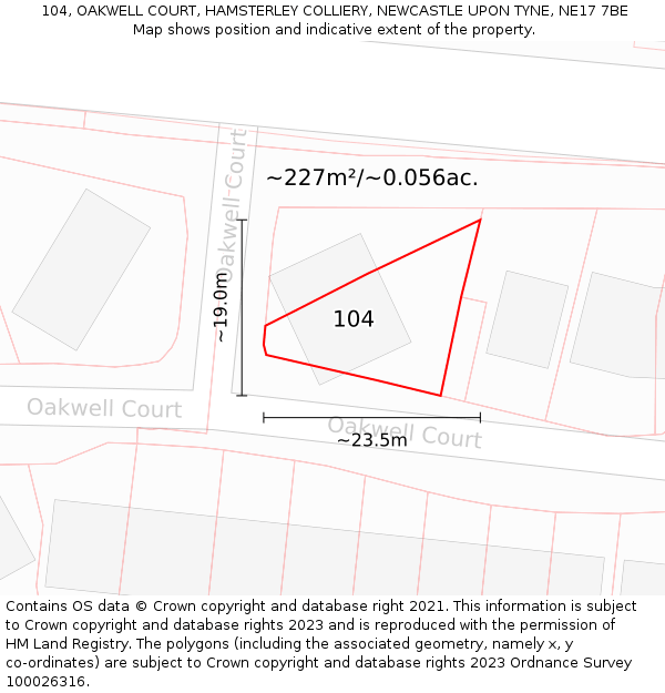 104, OAKWELL COURT, HAMSTERLEY COLLIERY, NEWCASTLE UPON TYNE, NE17 7BE: Plot and title map