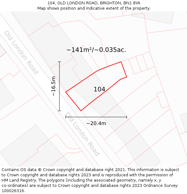 104, OLD LONDON ROAD, BRIGHTON, BN1 8YA: Plot and title map