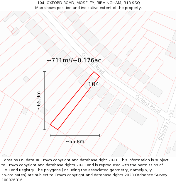 104, OXFORD ROAD, MOSELEY, BIRMINGHAM, B13 9SQ: Plot and title map