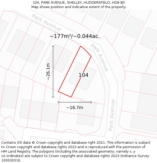 104, PARK AVENUE, SHELLEY, HUDDERSFIELD, HD8 8JY: Plot and title map