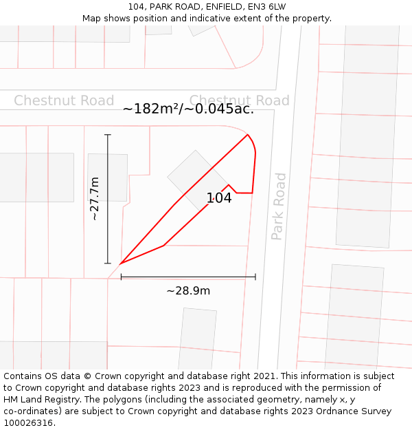 104, PARK ROAD, ENFIELD, EN3 6LW: Plot and title map