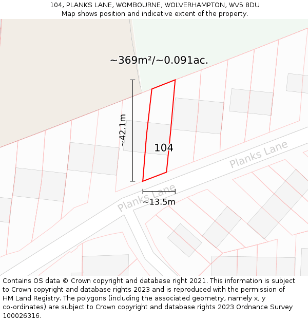 104, PLANKS LANE, WOMBOURNE, WOLVERHAMPTON, WV5 8DU: Plot and title map