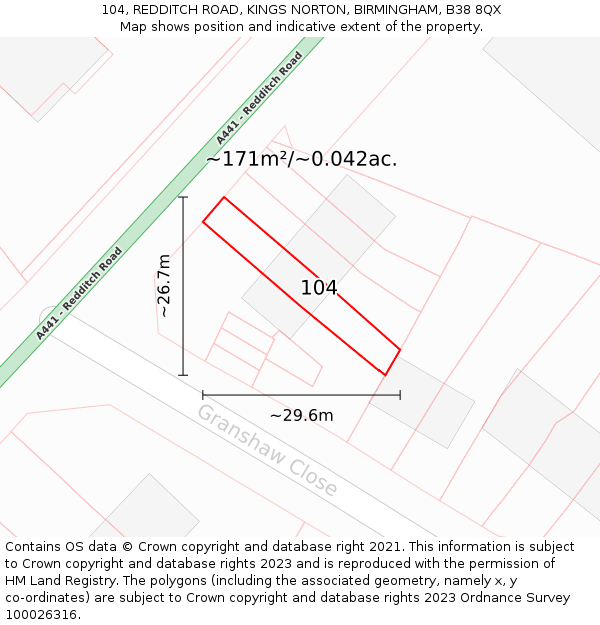 104, REDDITCH ROAD, KINGS NORTON, BIRMINGHAM, B38 8QX: Plot and title map