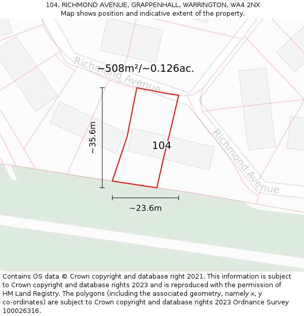 104, RICHMOND AVENUE, GRAPPENHALL, WARRINGTON, WA4 2NX: Plot and title map