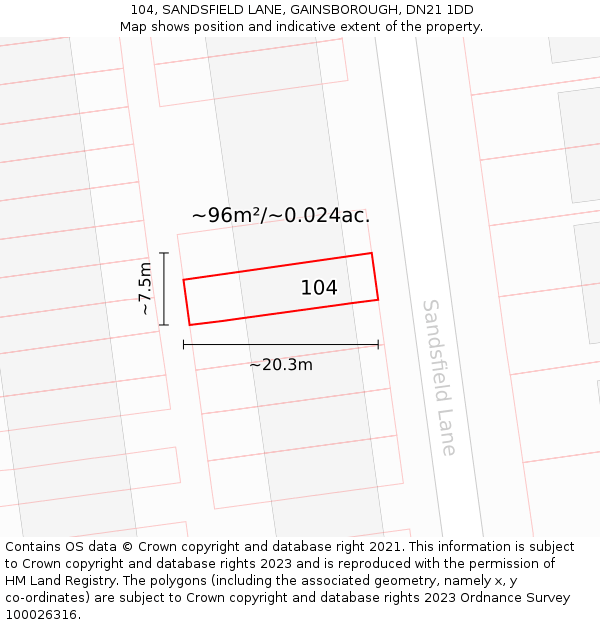 104, SANDSFIELD LANE, GAINSBOROUGH, DN21 1DD: Plot and title map