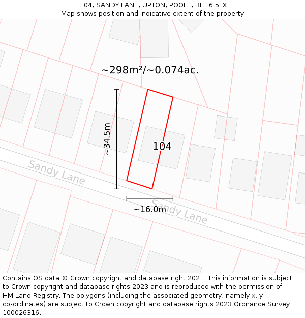 104, SANDY LANE, UPTON, POOLE, BH16 5LX: Plot and title map