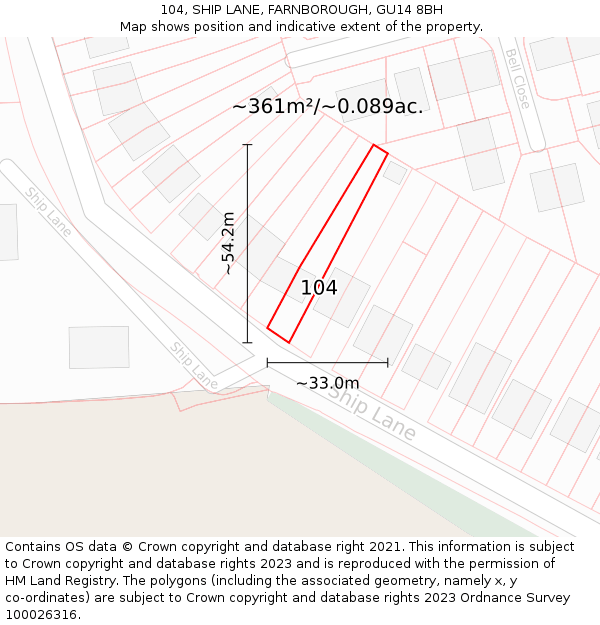 104, SHIP LANE, FARNBOROUGH, GU14 8BH: Plot and title map