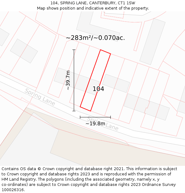 104, SPRING LANE, CANTERBURY, CT1 1SW: Plot and title map