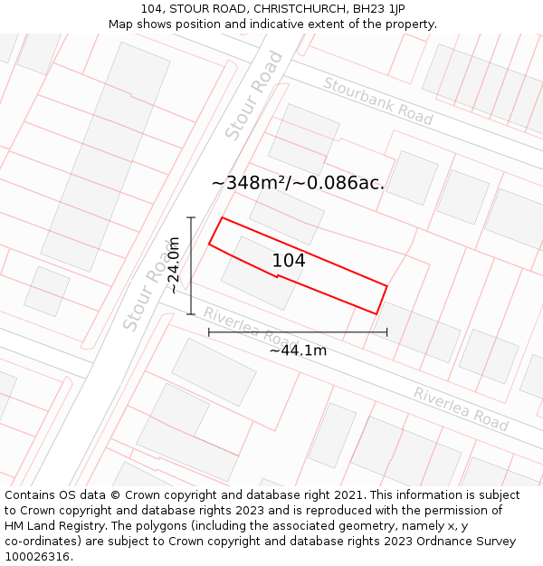 104, STOUR ROAD, CHRISTCHURCH, BH23 1JP: Plot and title map