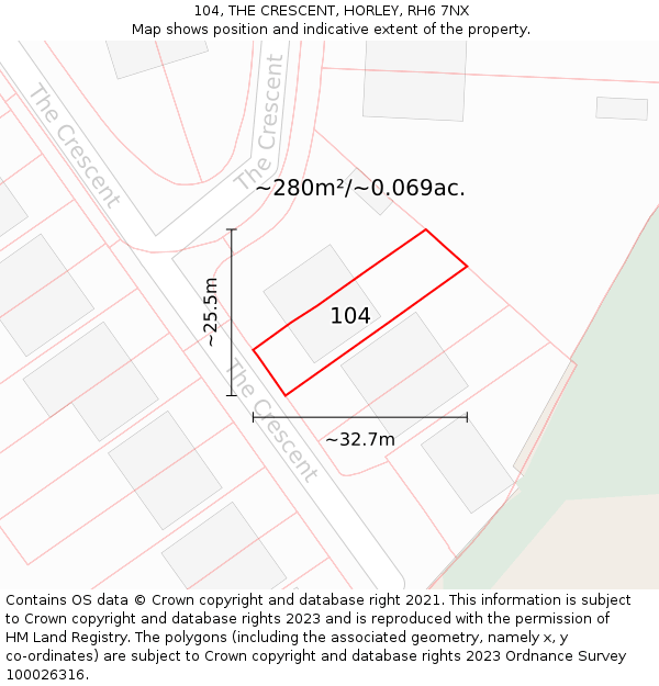 104, THE CRESCENT, HORLEY, RH6 7NX: Plot and title map