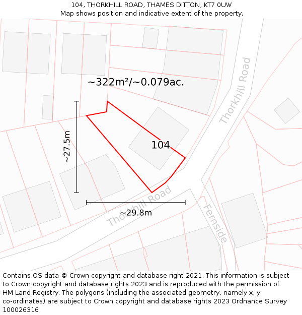 104, THORKHILL ROAD, THAMES DITTON, KT7 0UW: Plot and title map