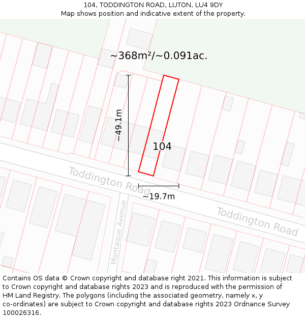 104, TODDINGTON ROAD, LUTON, LU4 9DY: Plot and title map