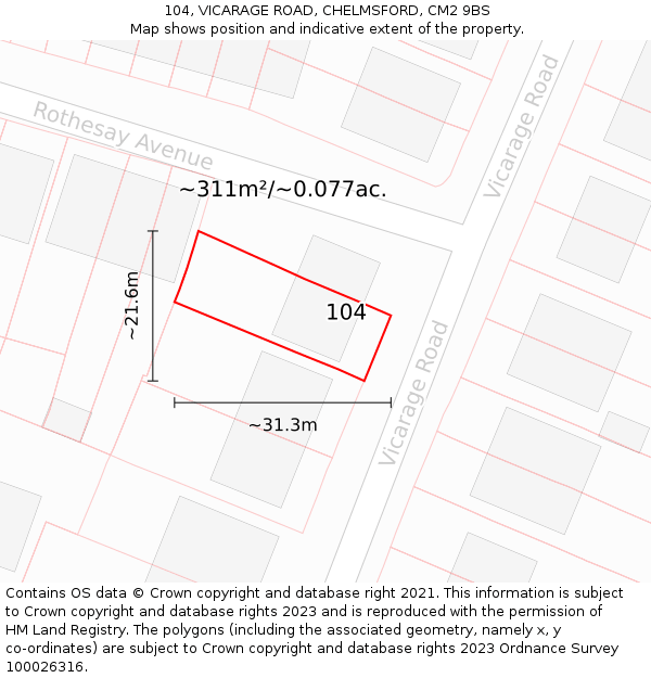 104, VICARAGE ROAD, CHELMSFORD, CM2 9BS: Plot and title map