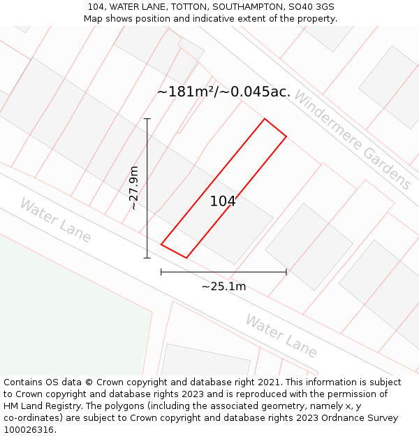 104, WATER LANE, TOTTON, SOUTHAMPTON, SO40 3GS: Plot and title map