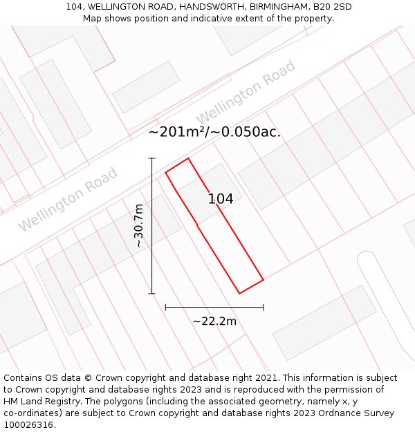 104, WELLINGTON ROAD, HANDSWORTH, BIRMINGHAM, B20 2SD: Plot and title map