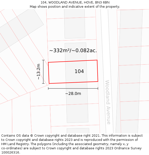 104, WOODLAND AVENUE, HOVE, BN3 6BN: Plot and title map