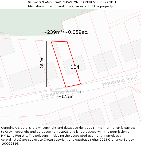 104, WOODLAND ROAD, SAWSTON, CAMBRIDGE, CB22 3DU: Plot and title map