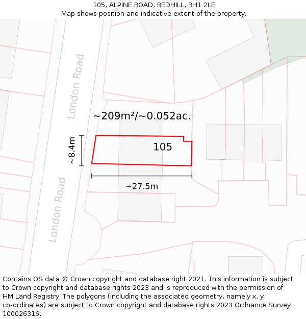 105, ALPINE ROAD, REDHILL, RH1 2LE: Plot and title map