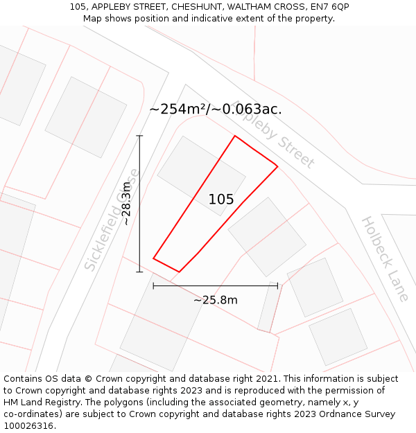 105, APPLEBY STREET, CHESHUNT, WALTHAM CROSS, EN7 6QP: Plot and title map